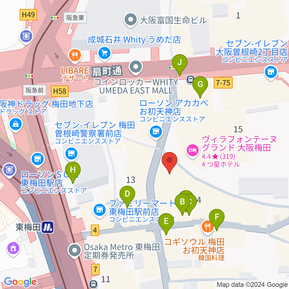 梅田アムホール周辺のカフェ一覧地図