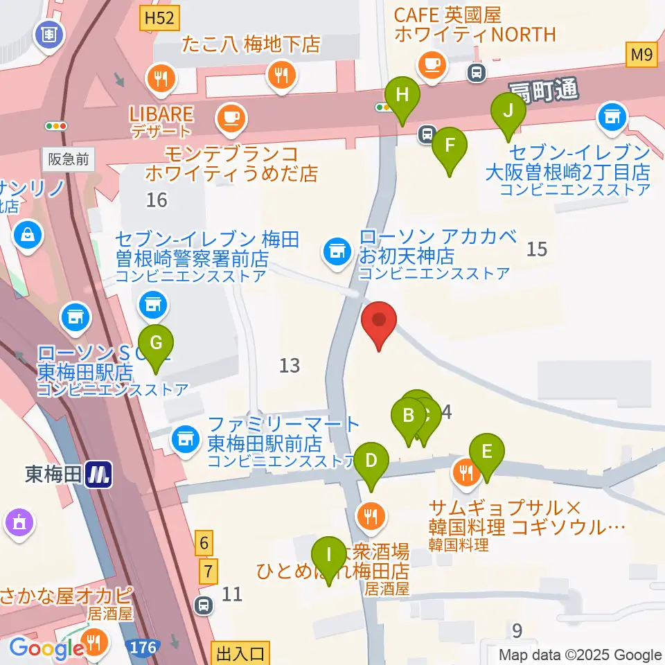 梅田アムホール周辺のカフェ一覧地図