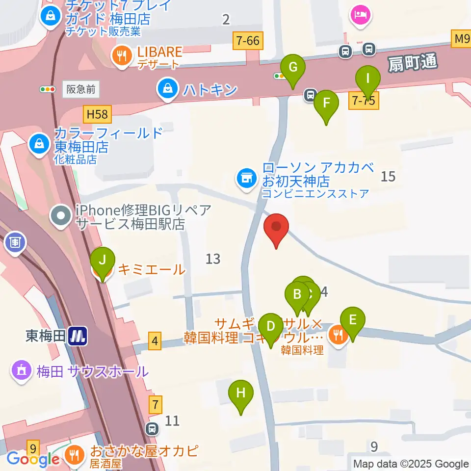 梅田アムホール周辺のカフェ一覧地図