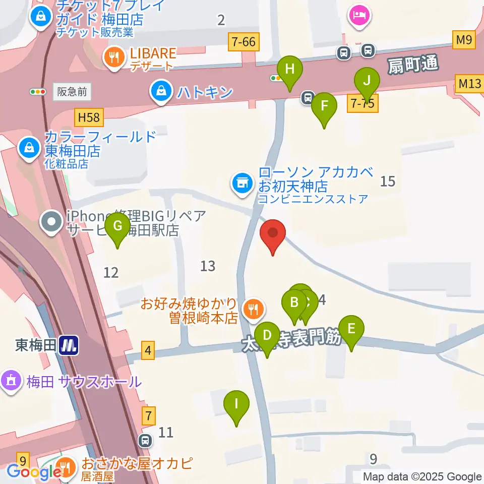 梅田アムホール周辺のカフェ一覧地図