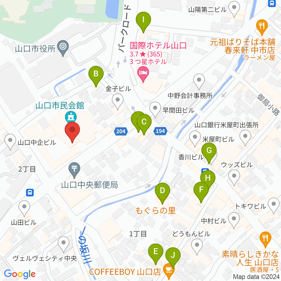山口市民会館周辺のカフェ一覧地図