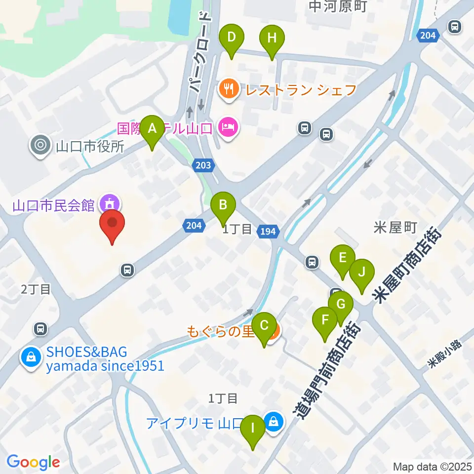 山口市民会館周辺のカフェ一覧地図
