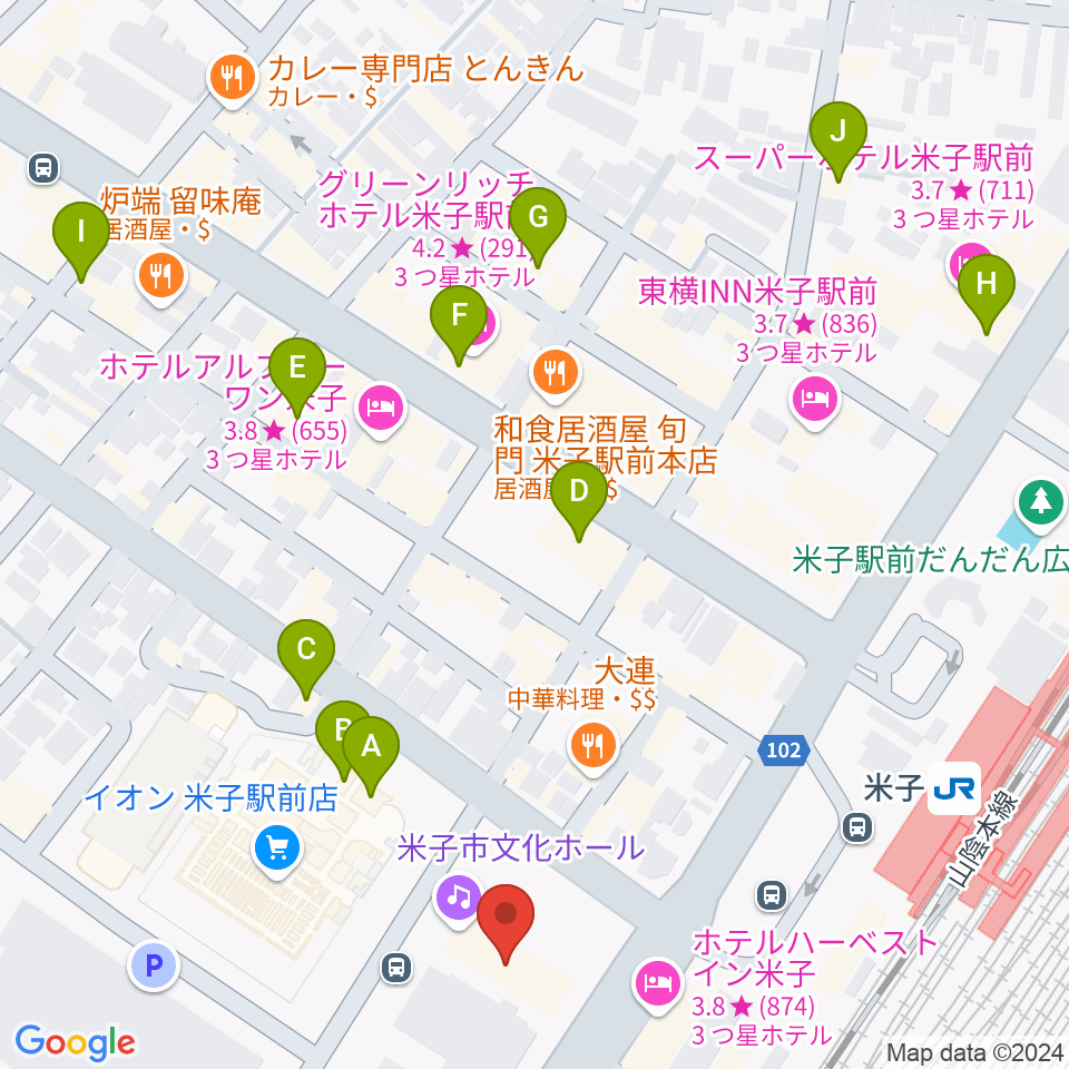 米子市文化ホール 練習室周辺のカフェ一覧地図