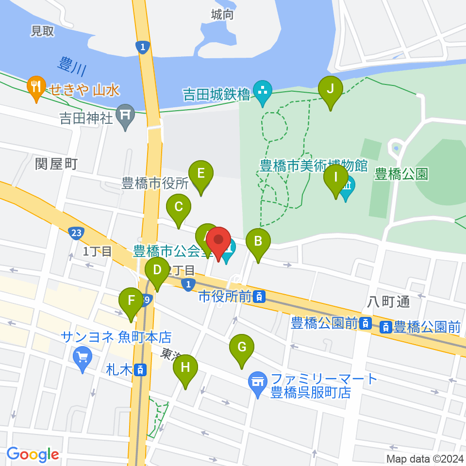 豊橋市公会堂周辺のカフェ一覧地図