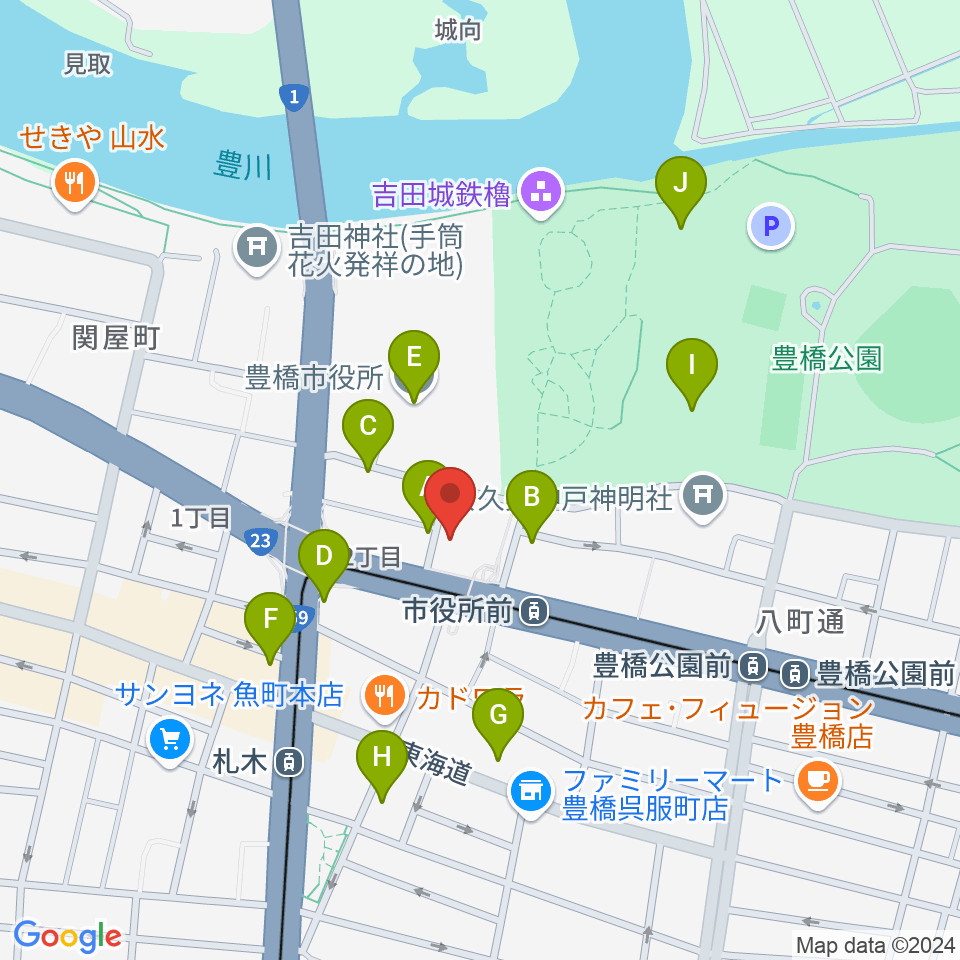 豊橋市公会堂周辺のカフェ一覧地図