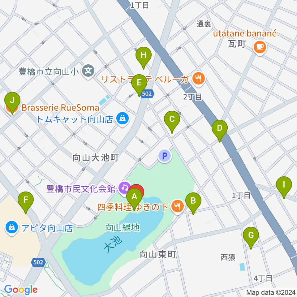 豊橋市民文化会館周辺のカフェ一覧地図