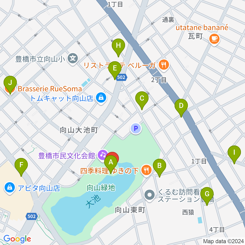 豊橋市民文化会館周辺のカフェ一覧地図