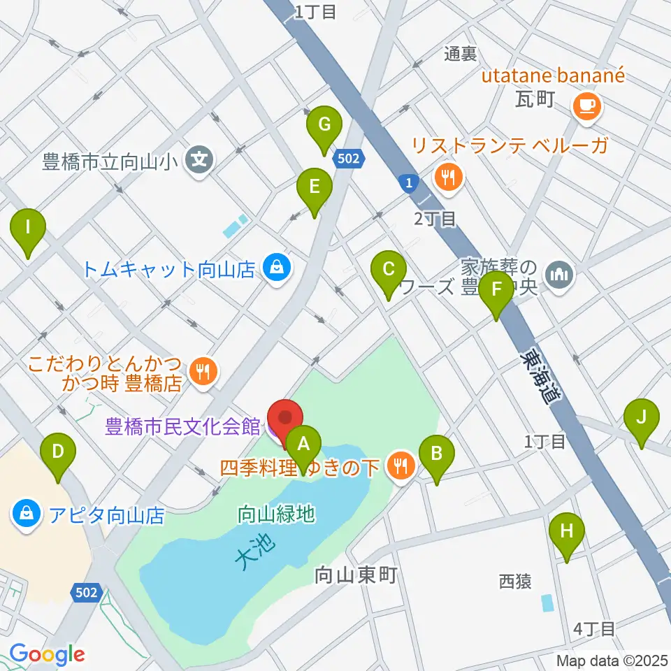 豊橋市民文化会館周辺のカフェ一覧地図