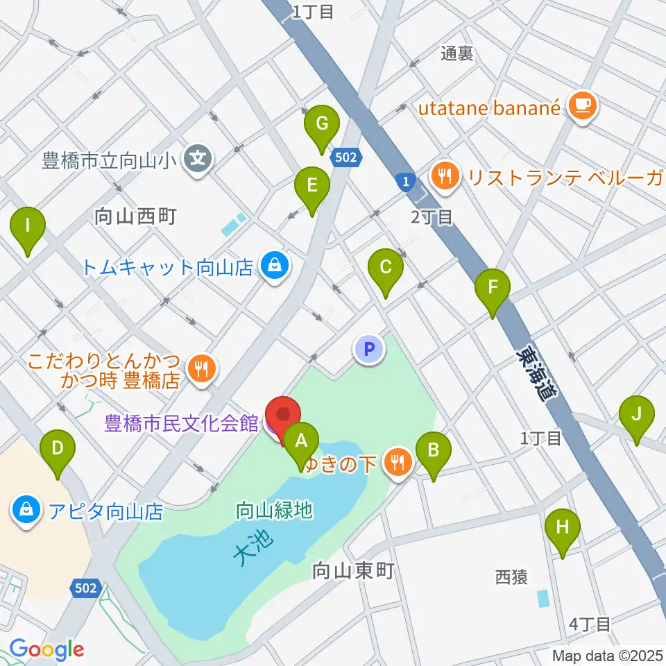 豊橋市民文化会館周辺のカフェ一覧地図