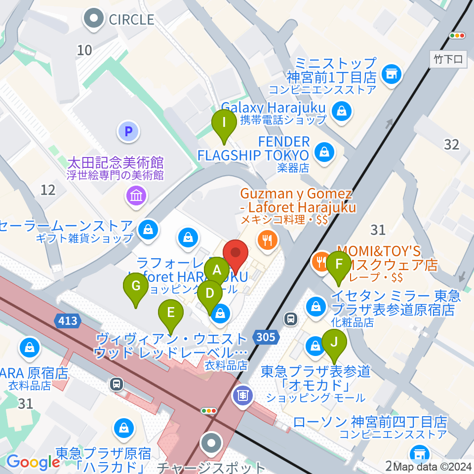 ラフォーレミュージアム原宿周辺のカフェ一覧地図