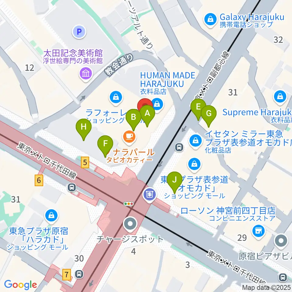 ラフォーレミュージアム原宿周辺のカフェ一覧地図