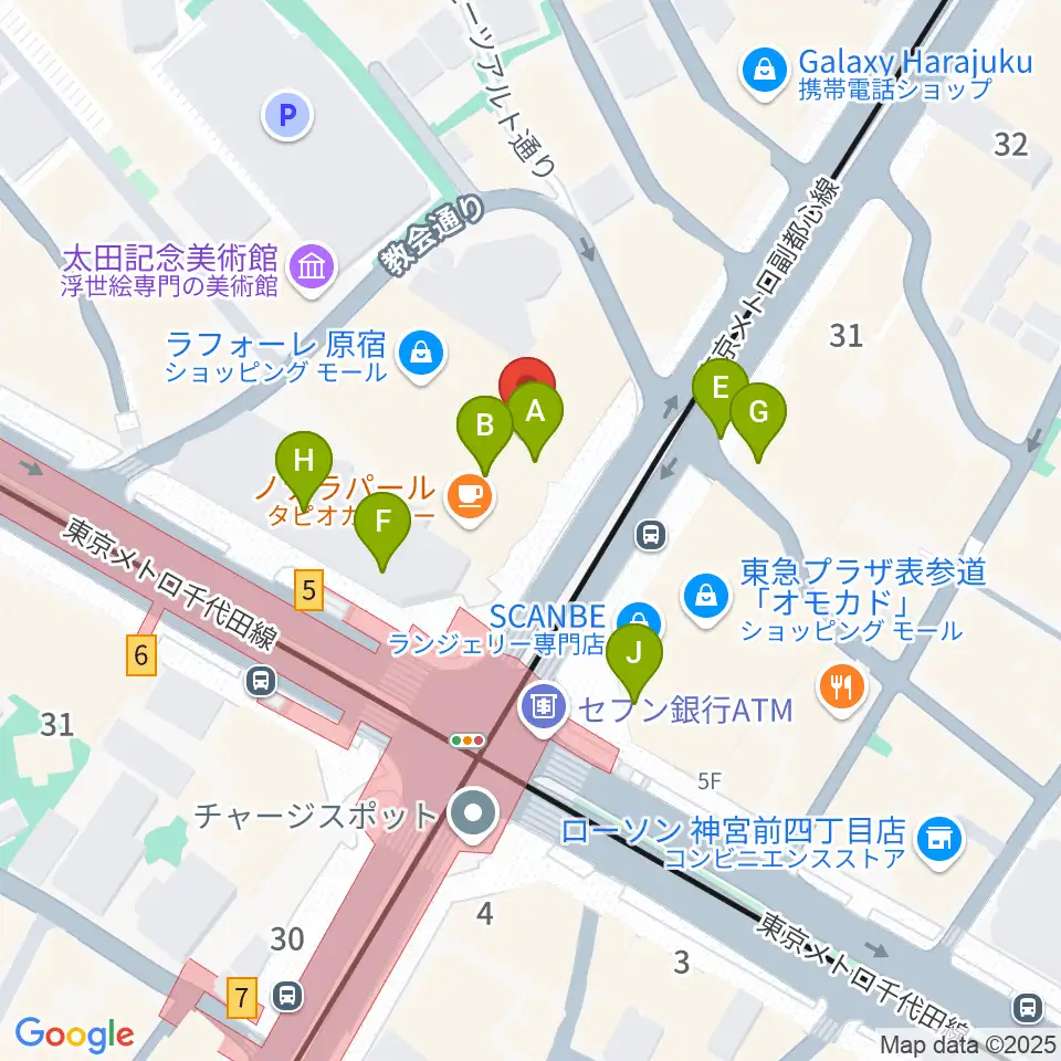 ラフォーレミュージアム原宿周辺のカフェ一覧地図