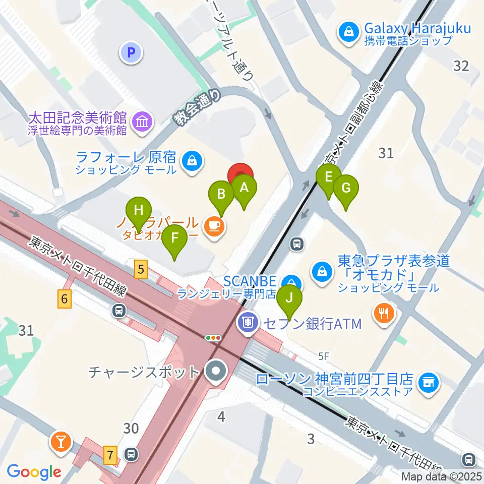 ラフォーレミュージアム原宿周辺のカフェ一覧地図