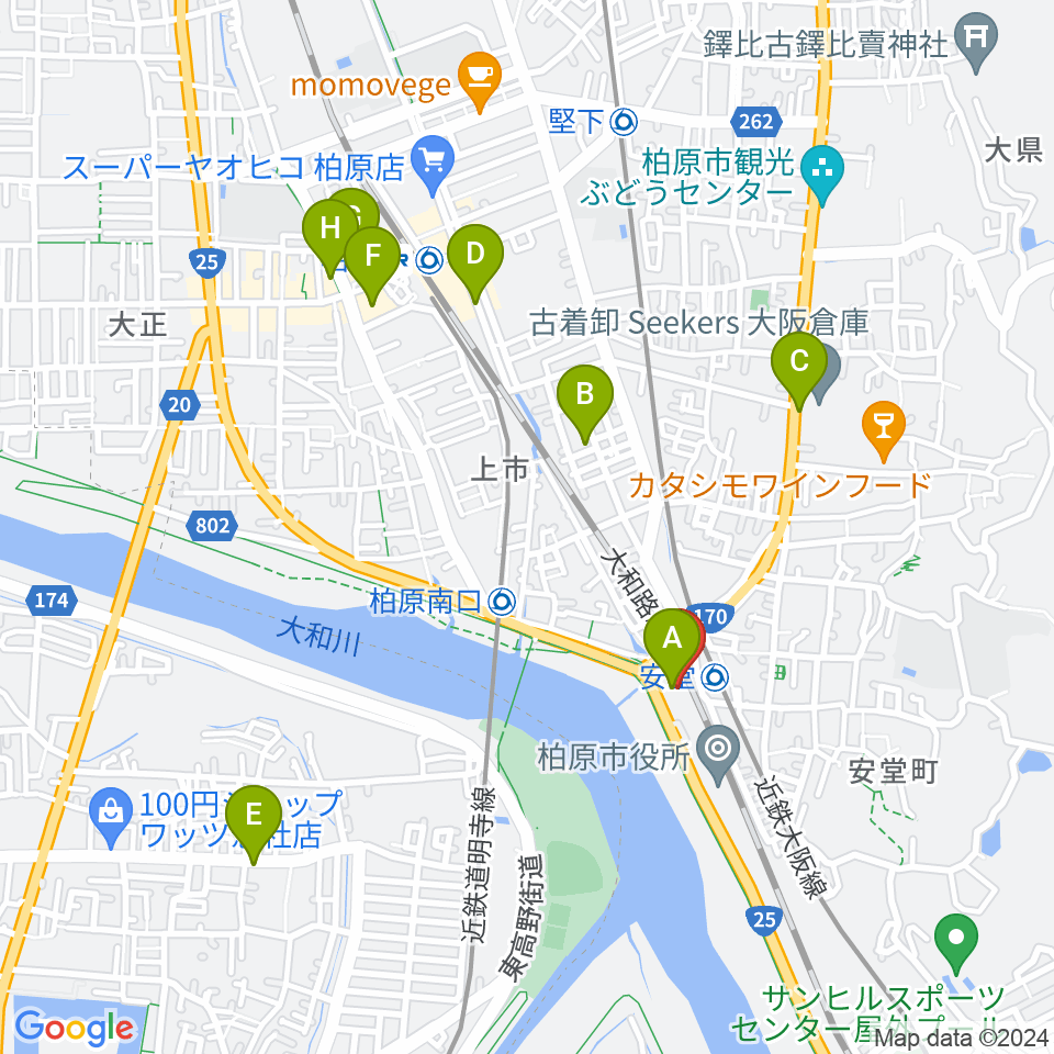 リビエールホール（柏原市民文化会館）周辺のカフェ一覧地図