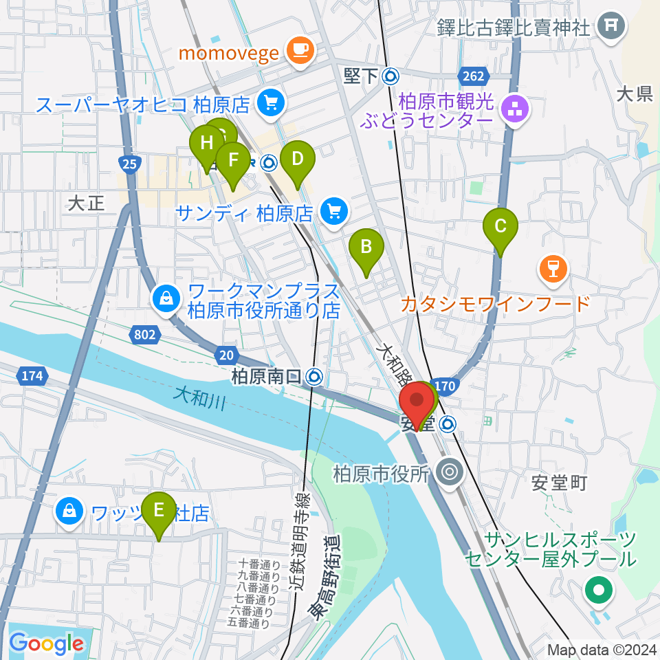 リビエールホール 柏原市民文化会館周辺のカフェ一覧地図