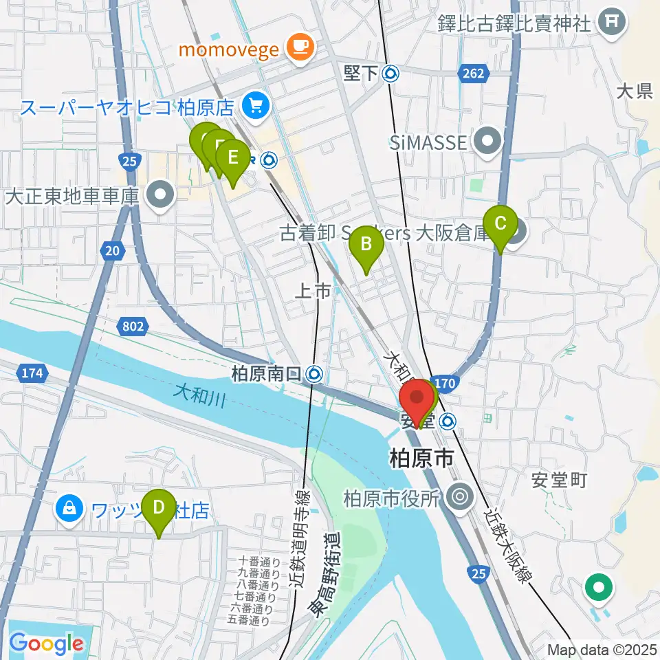 リビエールホール 柏原市民文化会館周辺のカフェ一覧地図