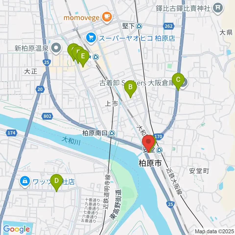 リビエールホール 柏原市民文化会館周辺のカフェ一覧地図