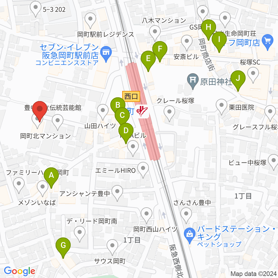 豊中市立伝統芸能館周辺のカフェ一覧地図