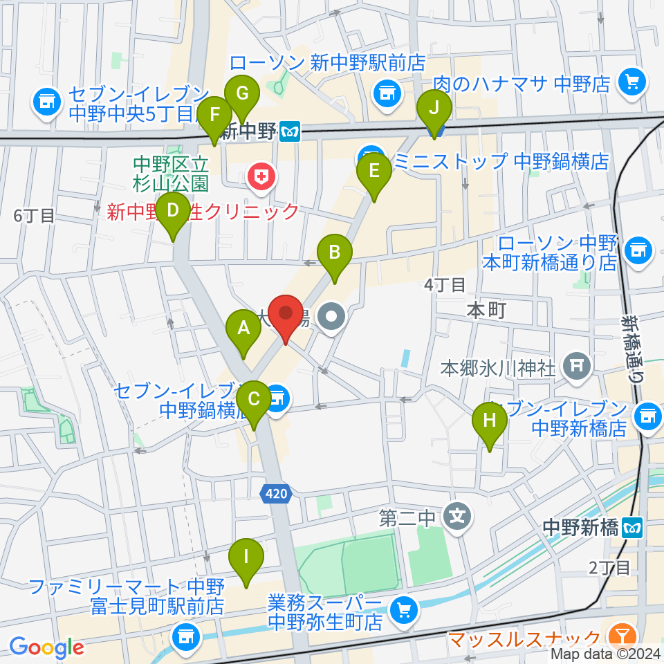 新中野ワニズホール周辺のカフェ一覧地図