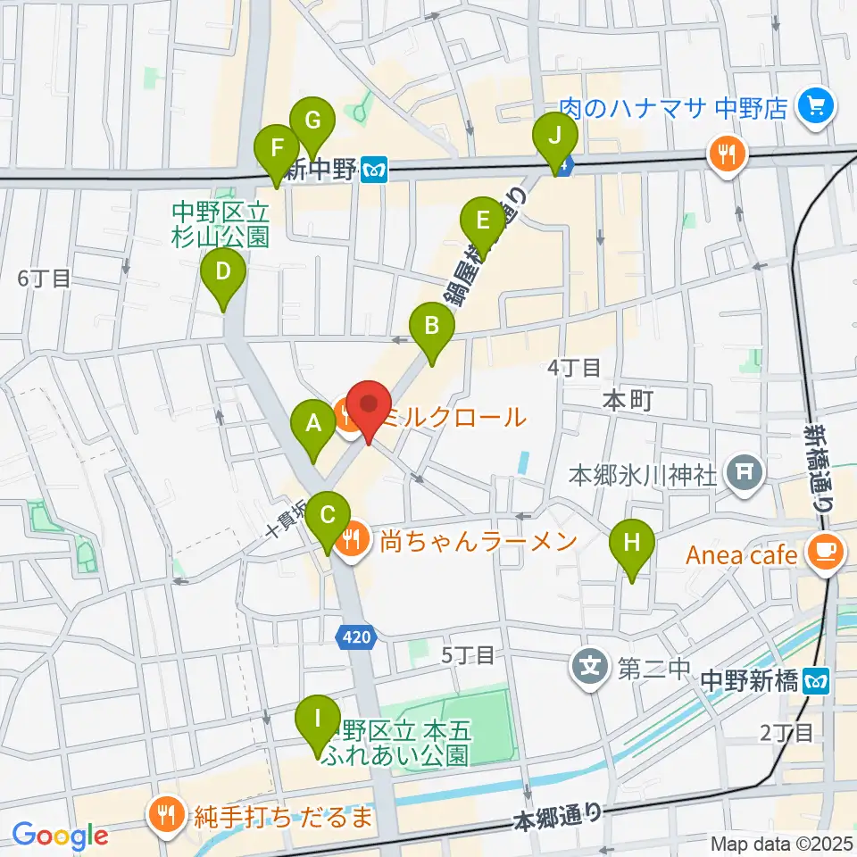 新中野ワニズホール周辺のカフェ一覧地図