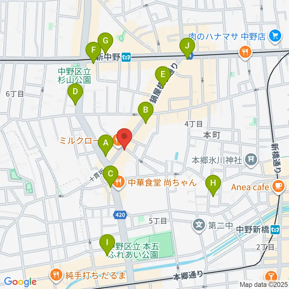 新中野ワニズホール周辺のカフェ一覧地図