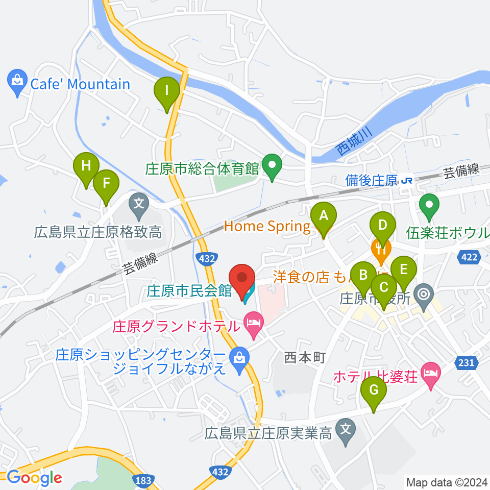 庄原市民会館周辺のカフェ一覧地図