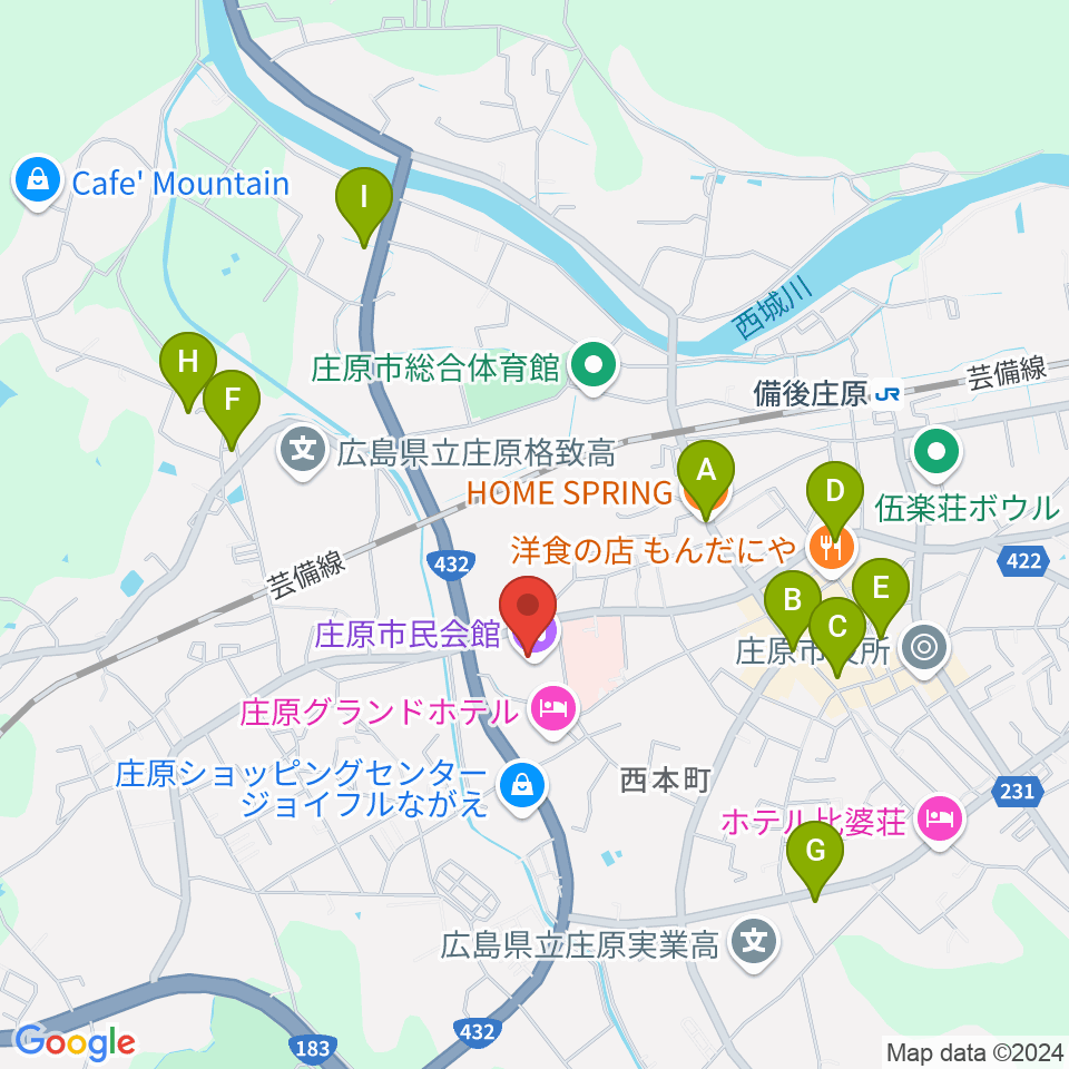 庄原市民会館周辺のカフェ一覧地図