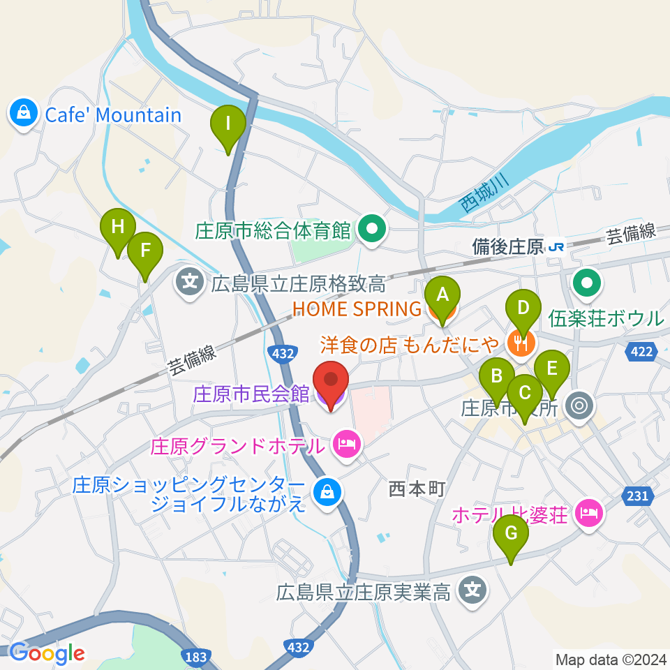 庄原市民会館周辺のカフェ一覧地図