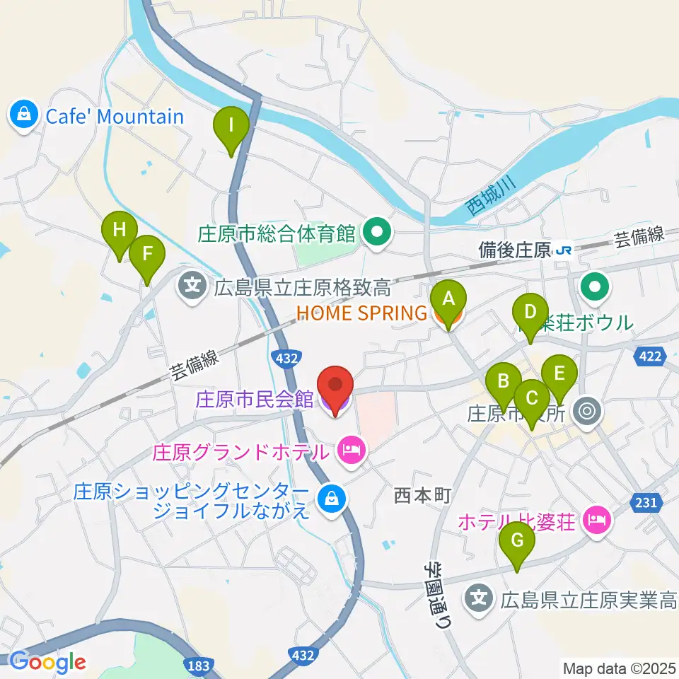 庄原市民会館周辺のカフェ一覧地図