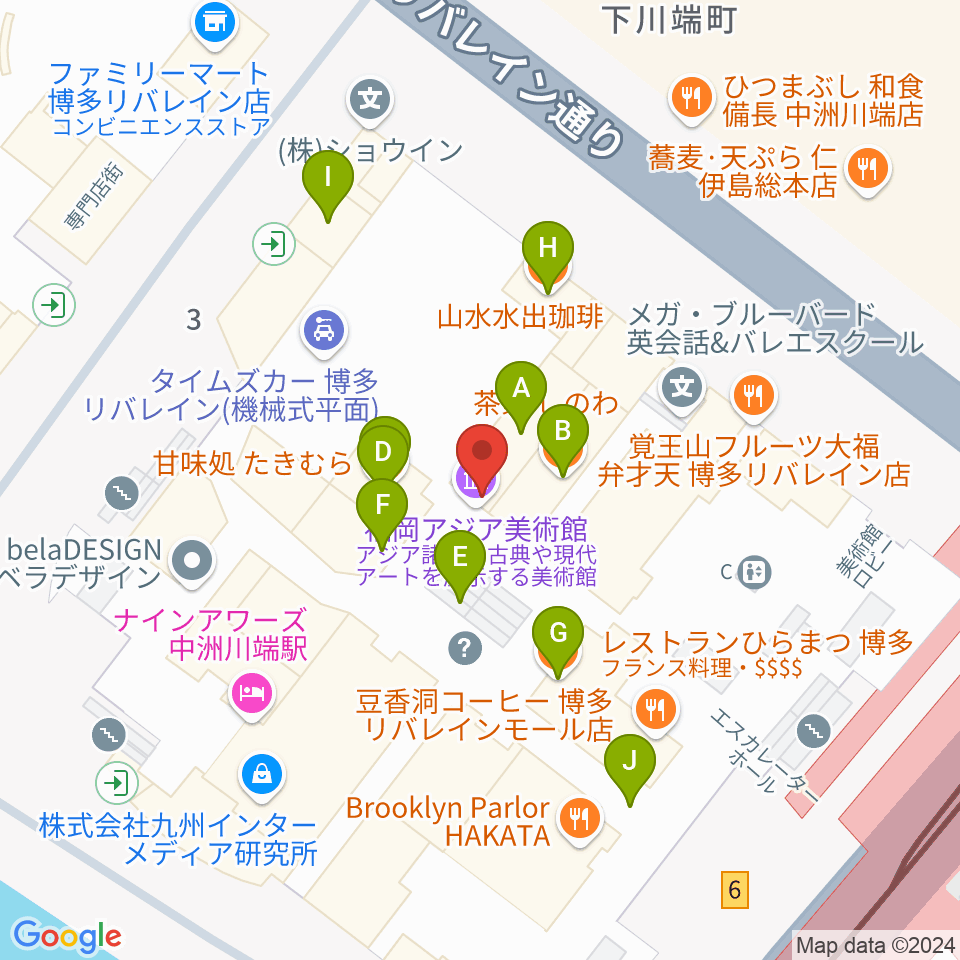 福岡アジア美術館周辺のカフェ一覧地図