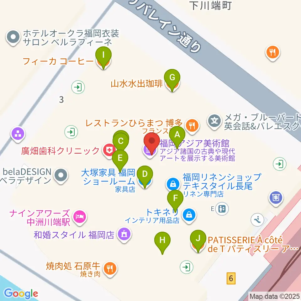 福岡アジア美術館周辺のカフェ一覧地図