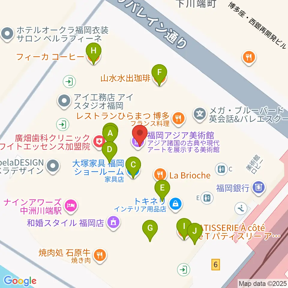 福岡アジア美術館周辺のカフェ一覧地図