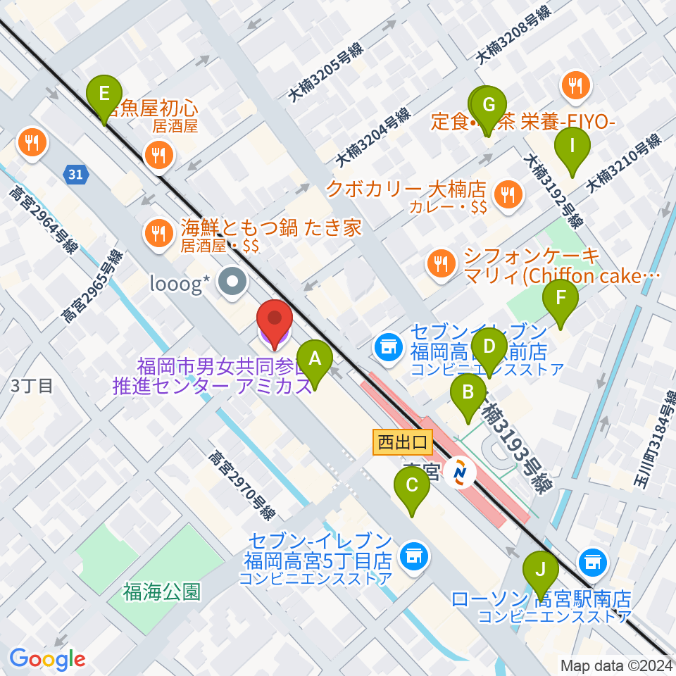 福岡市男女共同参画推進センター・アミカス周辺のカフェ一覧地図