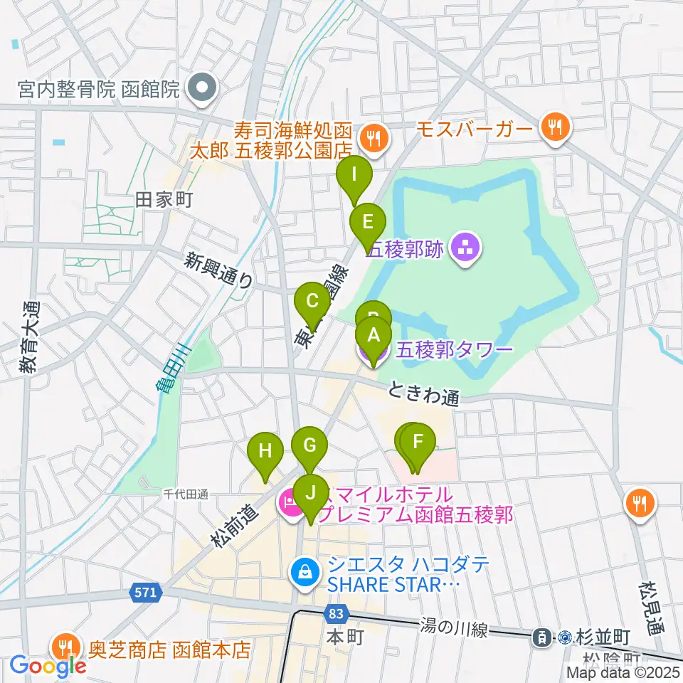 五稜郭タワー周辺のカフェ一覧地図