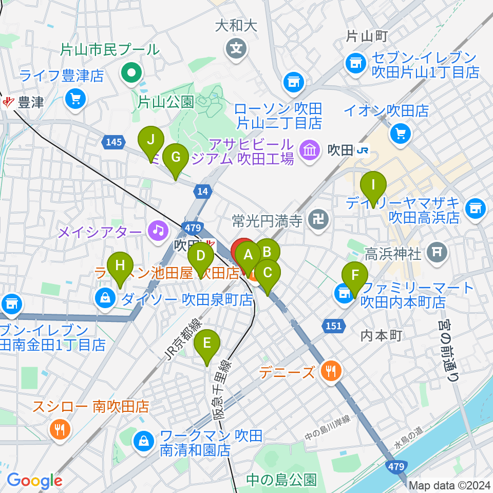 エコー音楽室周辺のカフェ一覧地図