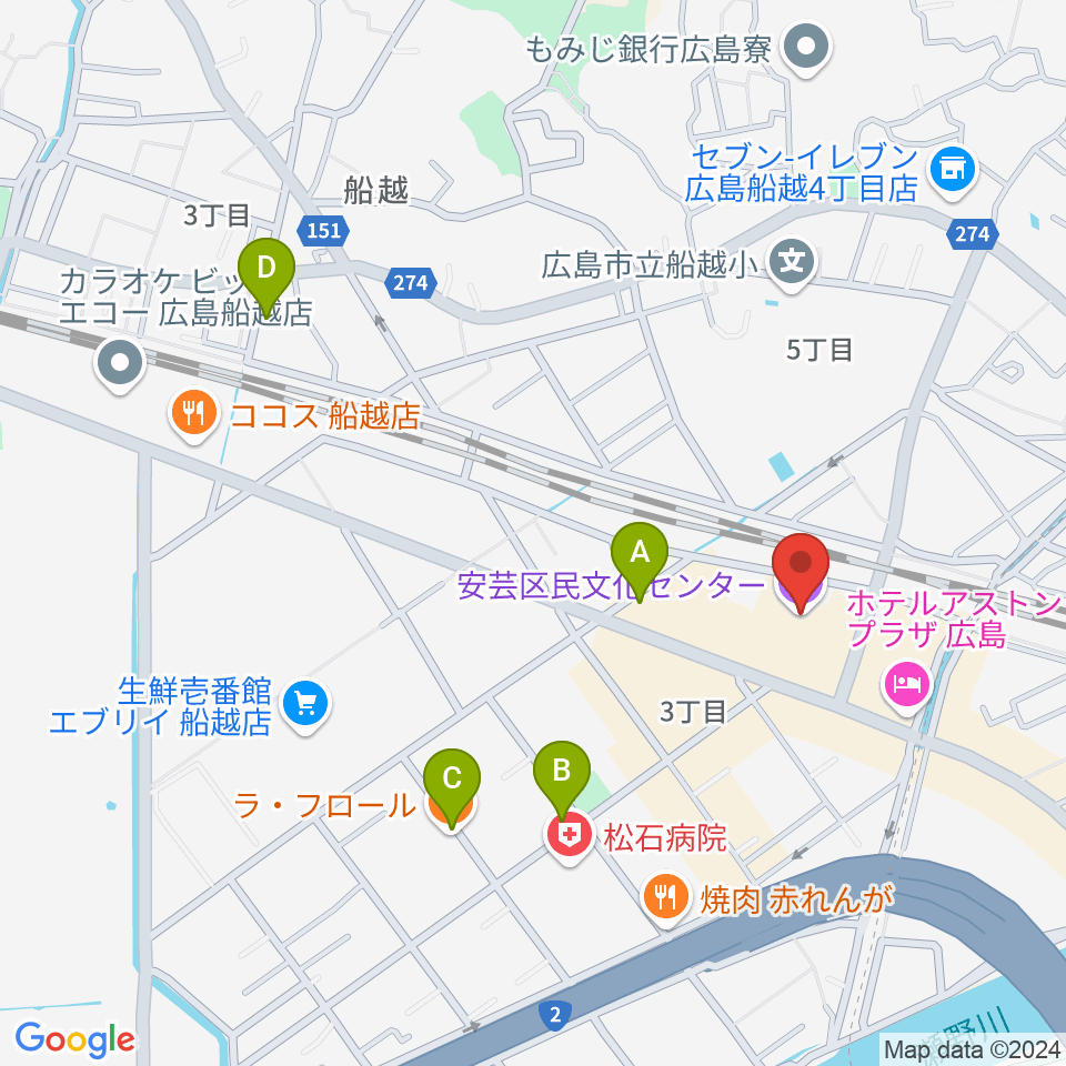 安芸区民文化センター周辺のカフェ一覧地図