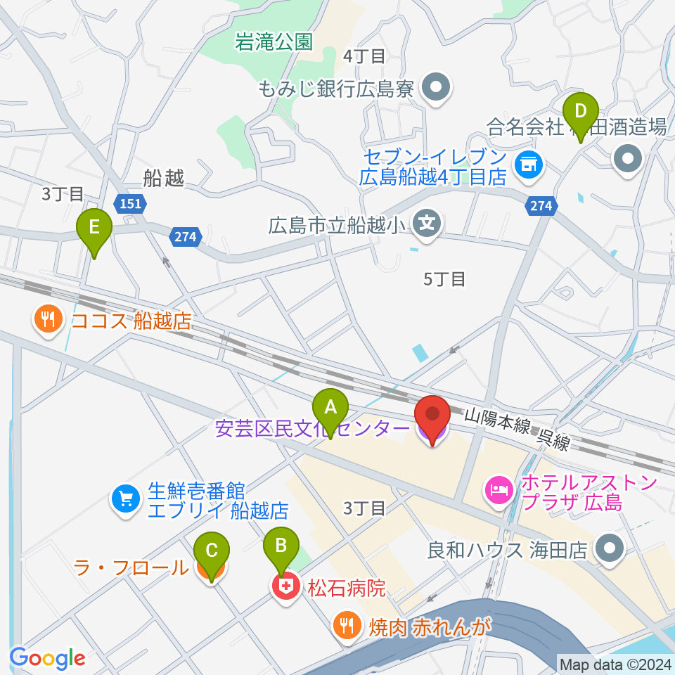 安芸区民文化センター周辺のカフェ一覧地図