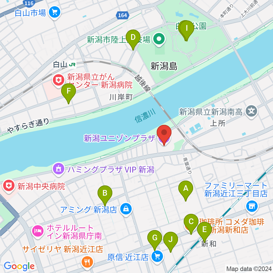 新潟ユニゾンプラザ周辺のカフェ一覧地図