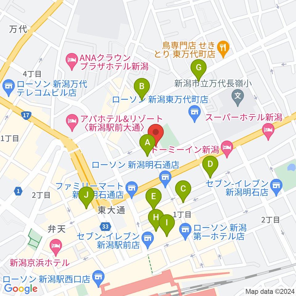 新潟市万代市民会館周辺のカフェ一覧地図