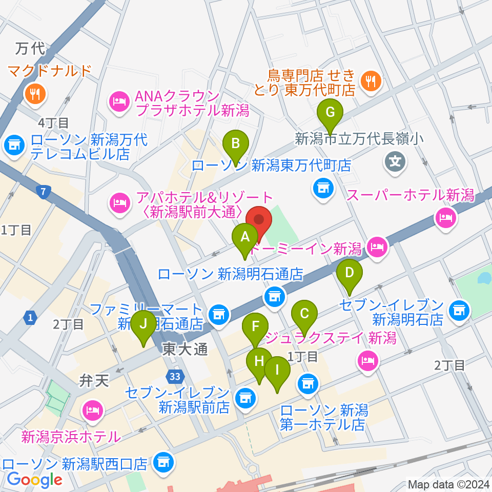 新潟市万代市民会館周辺のカフェ一覧地図