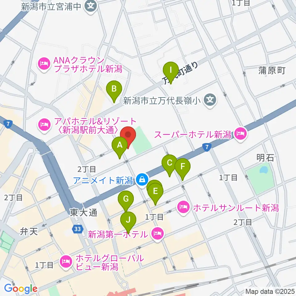新潟市万代市民会館周辺のカフェ一覧地図