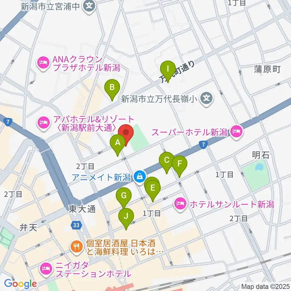 新潟市万代市民会館周辺のカフェ一覧地図