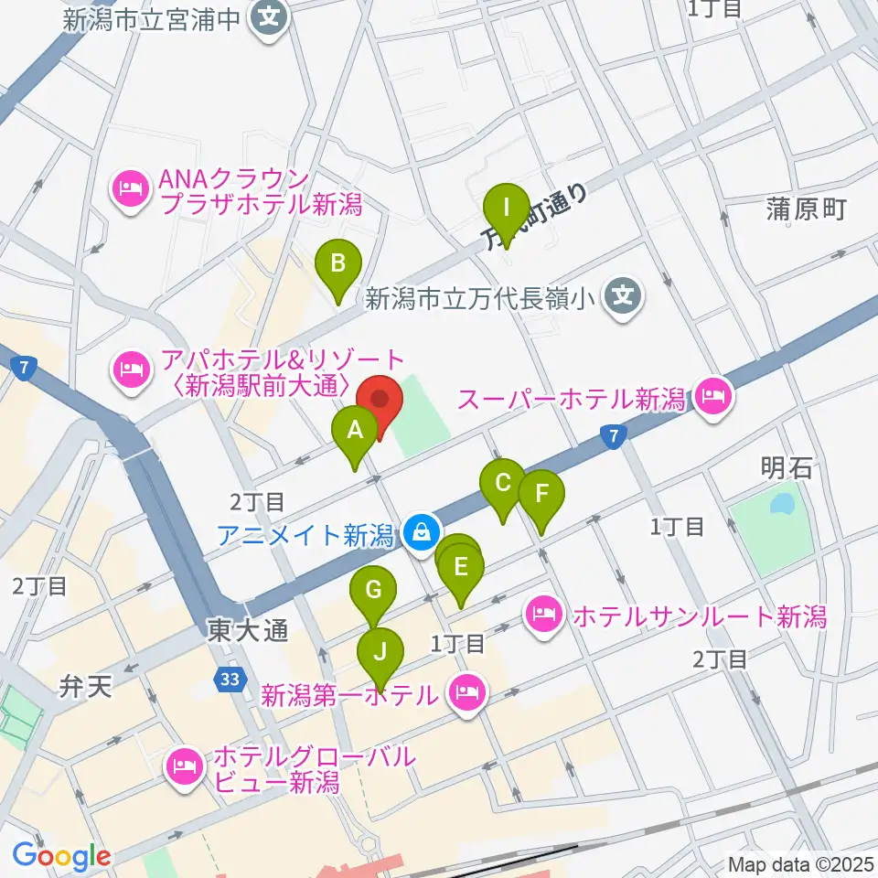 新潟市万代市民会館周辺のカフェ一覧地図