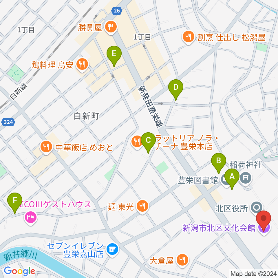 新潟市北区文化会館周辺のカフェ一覧地図