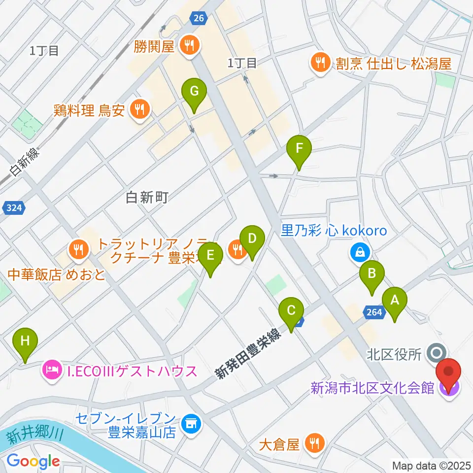 新潟市北区文化会館周辺のカフェ一覧地図