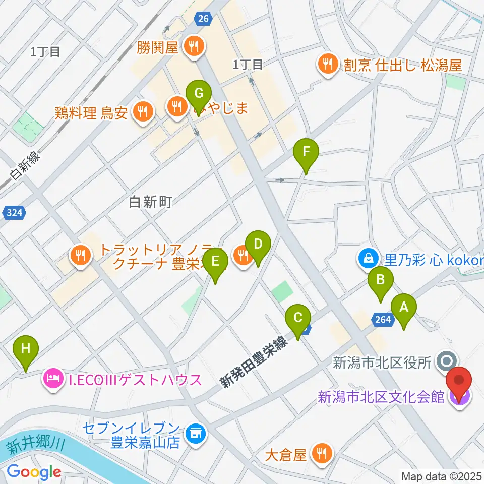 新潟市北区文化会館周辺のカフェ一覧地図