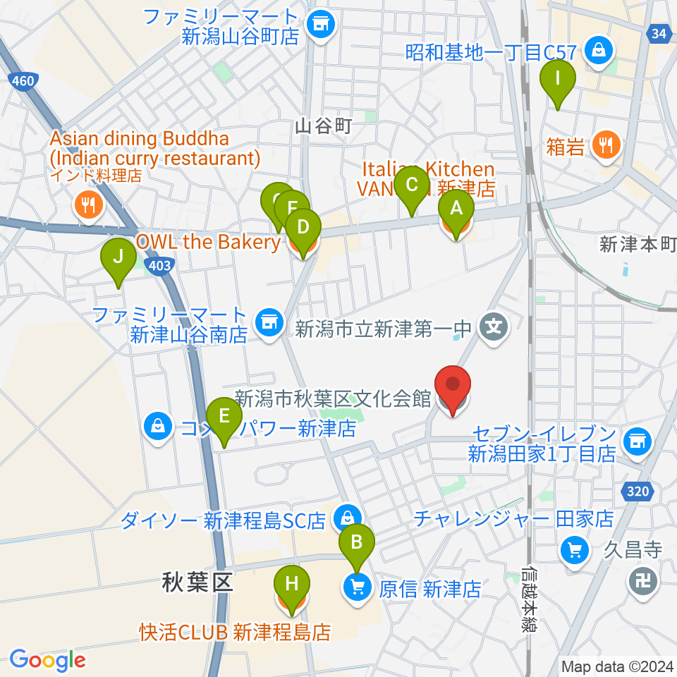 新潟市秋葉区文化会館周辺のカフェ一覧地図