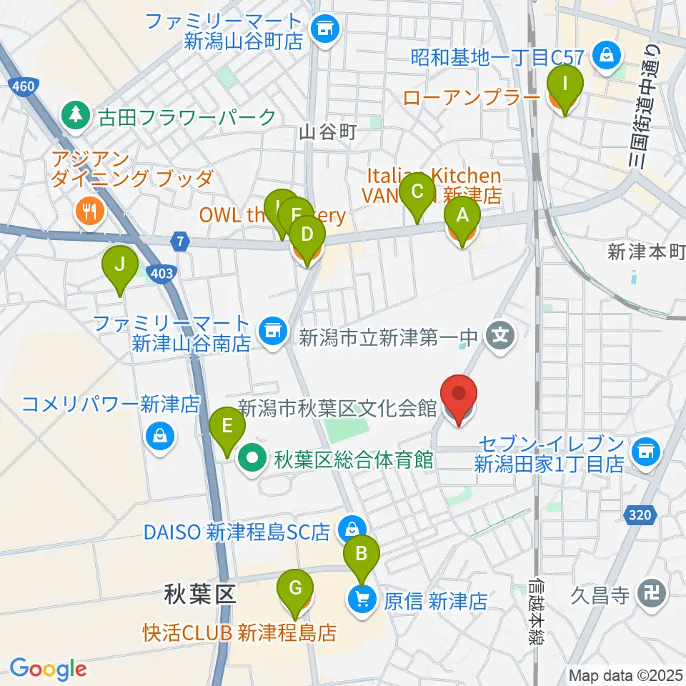新潟市秋葉区文化会館周辺のカフェ一覧地図