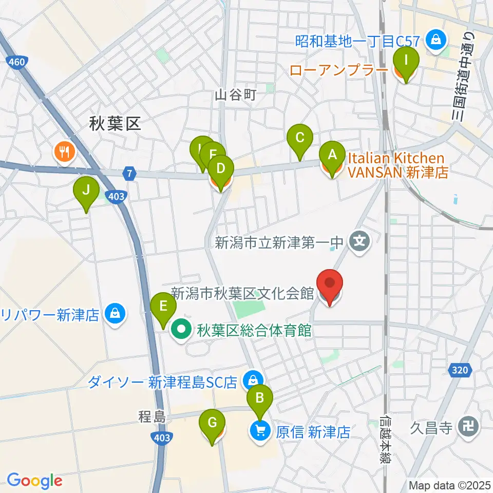 新潟市秋葉区文化会館周辺のカフェ一覧地図