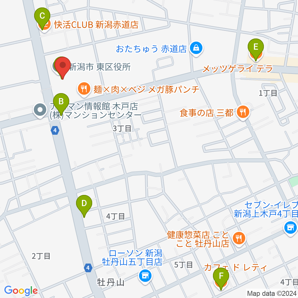 新潟市東区プラザ周辺のカフェ一覧地図